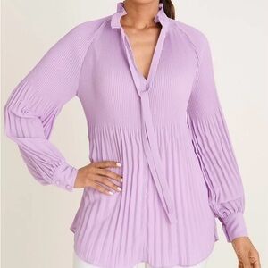 Chico's Lilac Lavender Pleated Tie-Neck Long Sleeve Blouse Womens Size 8/10 L